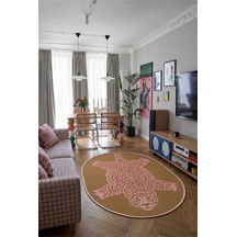 Leopar 01 Hardal Pembe Leopar İnce Vintage Görünüm Şönil Dokuma Oval Salon Oda Ev Balkon Halısı Hardal Sarısı
