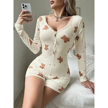 Red Womans Pamuklu Ekru Ayıcık Desenli Düğmeli Tulum Pijama