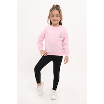 Toontoy Kids Toontoy Kız Çocuk 2'li Takım Baskılı Bisiklet Yaka Düşük Omuz Sweatshirt & Basic Düz Tayt Açık Pembe