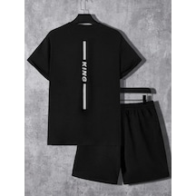 King Sırt T-shirt Şort - Siyah Alt Üst Kombin Şort Tişört Takım Baskılı Oversize Bisiklet Yaka Siyah