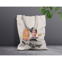 BK Gift Kişiye Özel Sevgililer Karikatürlü Kanvas Bez Çanta, Bask