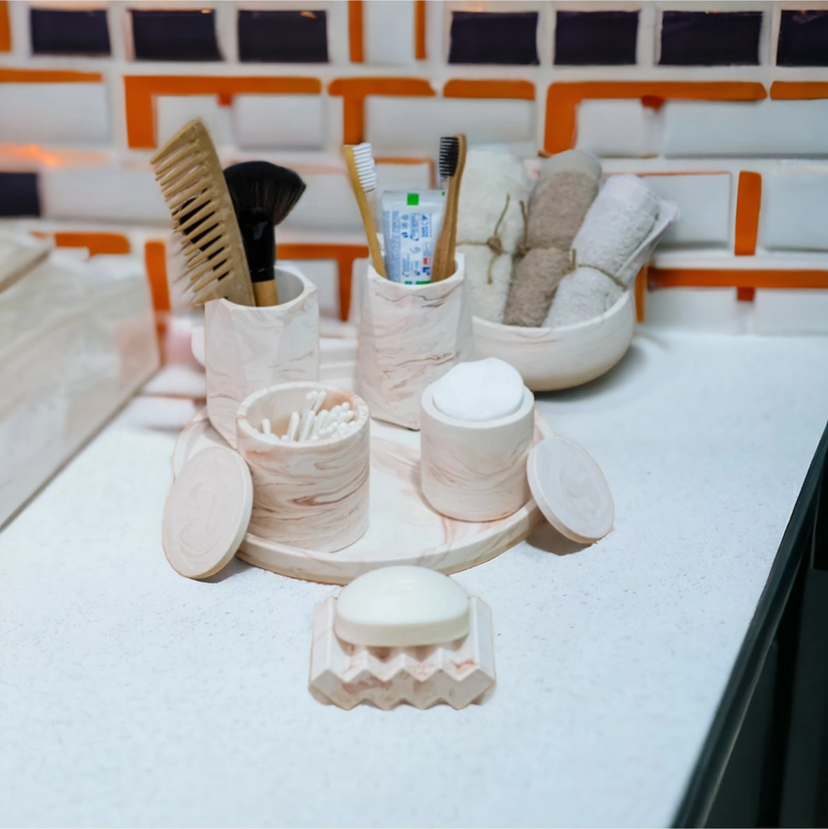 Marble Turuncu Serisi Tepsili Beton Banyo Seti,pamukluk,havluluk Ve Sabunluk Set Gri