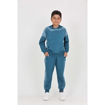 Toontoy Kids Toontoy Erkek Çocuk 2'li Takım Eskitme Baskılı Kapüşonlu Cepli Sweatshirt & Beli Paçası Lastikli Cepli Jogger Eşofman Altı - 2 İplik Petrol Mavi