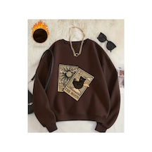 Herkesemoda The Moon Baskı Detaylı Bisiklet Yaka Sweatshirt Kahverengi