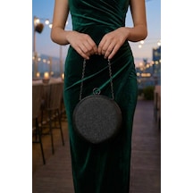 Vivazzaluxe Modern Yuvarlak Model Simli Düğün Nişan Gelin Kadın Abiye Clutch Çanta Siyah
