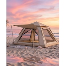 Büyük Aile Kamp Çadırı 240x240x160 Cm Gölgelikli 6 Kişilik Outdoor Çadır Bej
