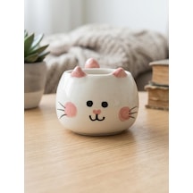 Sevimli Kedi Kupa 3d Kabartmalı El Yapımı Krem Parlak Kupa - El İşçiliği 3d Hediyelik Kupa Acı Kahve