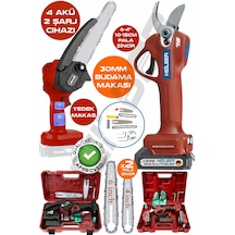 Böhrer V598/21V 4 Batarya  6806K Akülü 10-15 CM Dal Budama Testeresi + 6253K 30 MM Yedek Bıçak Şarjlı Bağ Makası Kırmızı