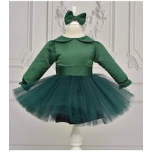 Kız Çocuk Zümrüt Yeşili Saten Kemerli Uzun Kol Tütü Kabarık Elbise