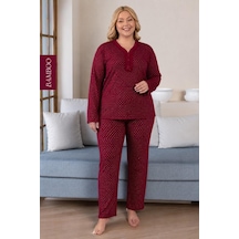 Derya Kadın Büyük Beden Dantel Yaka Bambu Uzun Kol İnce Pijama Takımı 8110b - 1 Adet Bordo