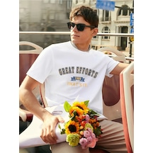 Oversize Great Efforts Baskılı Bisiklet Yaka Beyaz T-shirt Beyaz