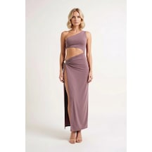 Benerly Kadın Tek Omuz Bodycon Midi Plaj Elbisesi Döküm Aksesuar Detaylı Vizon