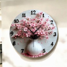 Renkli Baskı Çiçek Saksı Desenli Sayılı Hediyelik Ahşap Sessiz Duvar Saati 50cm ÇOk Renkli