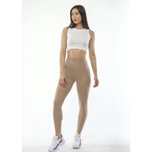 Kadın Yüksek Bel Sporcu Düz Tayt - Bej 001