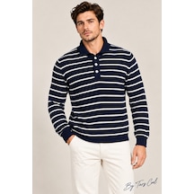 Erkek Çizgili Polo Yaka Triko Kazak Slim Fit Uzun Kollu Pamuk Akrilik Karışımlı Lacivert