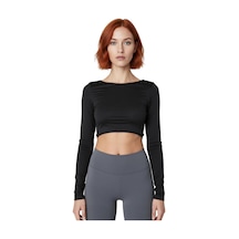 Ersefa Moda Bisiklet Yaka Örme Fit Düz Desen Sportswear Crop Uzun Kol Bl siyah