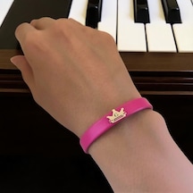 G Harfine Özel Taç Figürlü 14 Ayar Altın Plakalı Doğal Pembe Derili Hediye Bileklik-514harf G