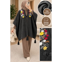 Genel Markalar Novea Scarf Renklı İşlemelı Panço Gri - 938277049 Gri
