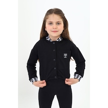 Toontoy Kız Çocuk Kolej Yaka Çıtçıt Kapama Baskılı Renk Bloklu Örme Hırka - 2 İplik Şardonlu Siyah