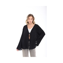 Blayn Jeans Blayn Kadın Keten Kimono Oversize Rahat Kalıp Yazlık Uzun Kollu Kimono Siyah