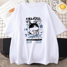 Tarzsokak Beyaz Japon Kanji Kedi Lukawaii Grafik Baskı Tees Beyaz