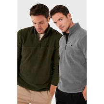 Buratti Slim Fit Anti-Pilling Tüylenme Yapmayan Bato Yaka Şardonlu 2'Li Paket Erkek Polar 5906001S2 Gri-Haki