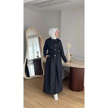 Esra Butik78 Kadın Düğmeli Trençkot Kendi Kumaşından Kemerli Model Siyah
