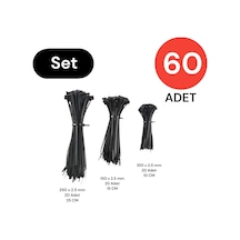 Plastik Kablo Bağı Cırt Kelepçe Set 100 Mm - 150 Mm - 250 Mm X 2.5 Mm Siyah 20 Şer Adet X 3 60 Adet Genel
