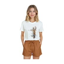 Kadın Beyaz Relaxed Fit %100 Pamuk Tişört Venedik Gondol Ve Kul Beyaz