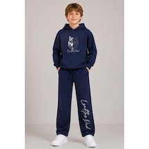 Riccotarz Erkek Çocuk Önü Ve Arkası Kurt Çizim Baskılı Kapüşonlu Sweatshirt Lacivert Eşofman Takım