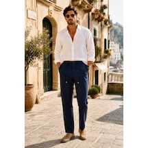 Danger Erkek Pamuk Viskon Kumaş Keten Görünümlü Lacivert Slim Fit Pantolon - 216dngr