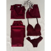 Mh Moony Homewears 5'li Crown Sonia Saten Pijama İç Giyim Seti Bordo