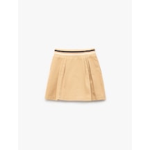 Koton Pamuklu Gabardin Yüksek Bel Çizgili Pileli Şort Etek Bej 5skg40137aw Ekru