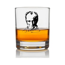 Atatürk İmzalı Ve Portreli Viski Bardağı - Mustafa Kemal Atatürk Baskılı Cam Sunum Bardağı, Hediyelik Şık Likör Ve Meşrubat Bardağı Beyaz