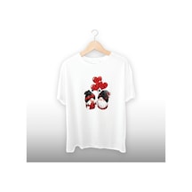 Cüceler Kalpli Balon Detaylı Unisex Tişört Beyaz