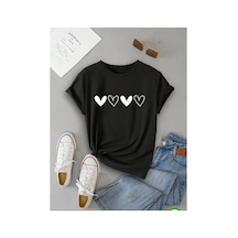 Medinenur Yan Yana Kalpler Baskılı Basic T-shirt Siyah