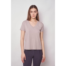 Jument Kadın V Yaka Kısa Kol Likralı Kumaş Şık T-shirt Bluz-gri Gri