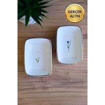 Tabak Evi Porselen Natura Karma Altın Yaldızlı Dikdörtgen Kayık Tabak 10x7x2cm 2 Li Çok Renkli