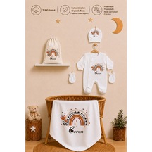 Pia Baby Kız Bebek Hastane Çıkışı İsme Özel Battaniye Tulum Seti %100 Pamuk Ham Bez Kıyafet Keseli Kız Bebek Hediyesi 1039btkyx Ekru
