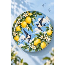 Dekoratif Duvar Tabağı Limonlu Akdeniz Desenleri Dekorlu Seramik Tabak Mavi