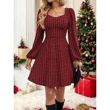 Defymoda Kadın Uzun Kollu Kare Kalp Yakalı Mini Modal Elbise Kırmızı