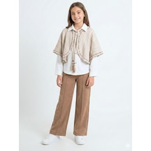 Xo Kids Bej Püsküllü Pançolu Gömlekli Ve Bol Paça Pantolonlu 3lü Kız Çocuk Takım 8-14 Yaş 4430 Ekru