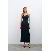 Sateen Payet Detaylı Saten Elbise - Siyah-135686 Siyah
