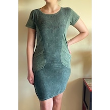 Kadın Önü Yazılı Taşlarla Süslenmiş Haki Elbise-668 Haki