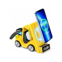 T20 15w 5'i 1 Arada Magsafe Kablosuz Şarj İstasyonu, Dijital Saatli Forklift Tasarım, İphone 16/15/14/13/12, Apple Watch, Airpods Uyumlu Masaüstü Hızlı Şarj Standı Sarı Çok Renkli