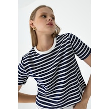 Giysa Kadın Bisiklet Yaka Kısa Kollu Çizgili Sweatshirt Lacivert - Ms0001301 Lacivert
