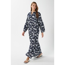 Modest Kadın Beach %100 Viskon Lacivert Ekru Önden Düğmeli Uzun Elbise Koyulacivertekru Çok Renkli