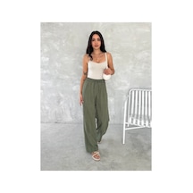 Gugus Trend Kadın Beli Lastikli Bol Paça Wide Lige Eskitme Keten Pantolon Haki