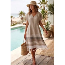 Trendol Fashıon Lıfe Deniz /plaj Elbisesi / Açık Kahve / Kimono /peştemal Krem