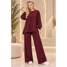 Bul-al Kadın Oversize Bisiklet Yaka Uzun Kollu Tunik Ve Cepli Olmayan Bol Paça Pantolon İkili Takım Bordo